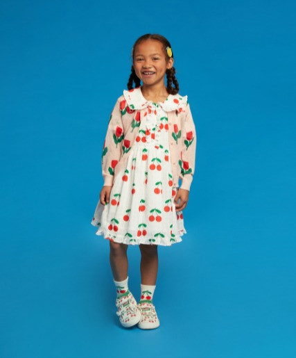 All over cherry puff sleeve frill collar dress