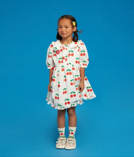 All over cherry puff sleeve frill collar dress