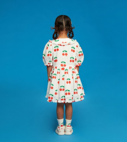 All over cherry puff sleeve frill collar dress