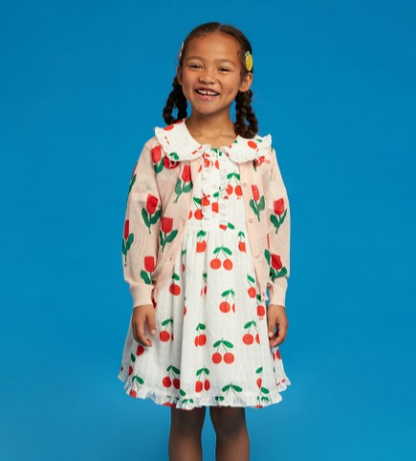 All over cherry puff sleeve frill collar dress