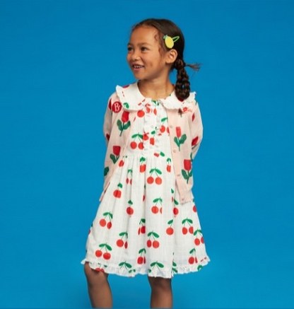 All over cherry puff sleeve frill collar dress