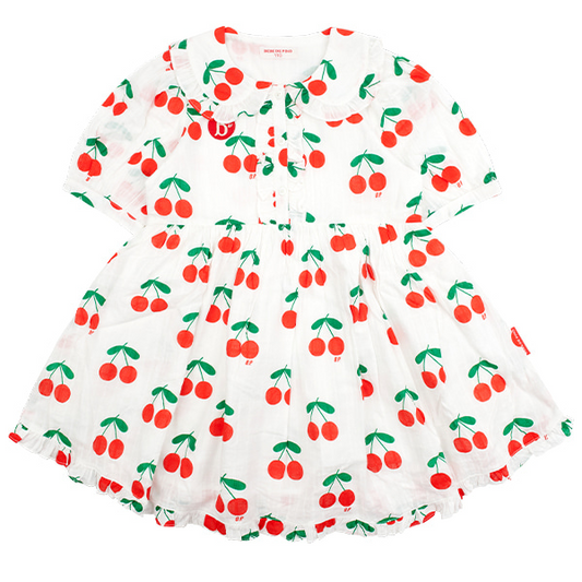 All over cherry puff sleeve frill collar dress